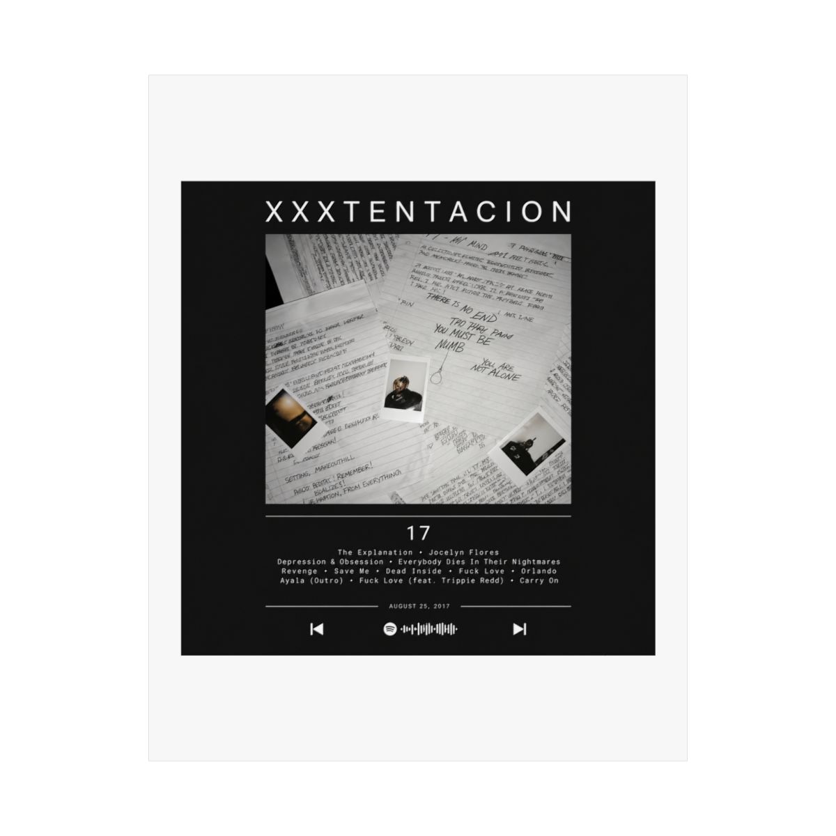A black and white poster featuring a photograph of a man in a and white image. The poster displays the text "XXXTENTACION" in white lettering on a background. The poster also includes the...