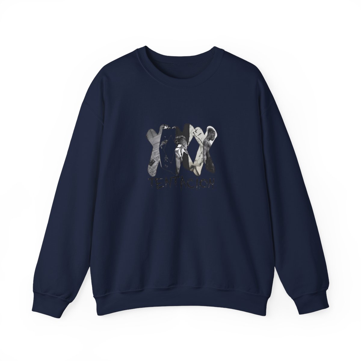 White crew neck sweatshirt with a graphic design. The design features the letters "XXX" in a stylized font, with black and white images inside the letters. Below the letters is the word "TENTACION" in...