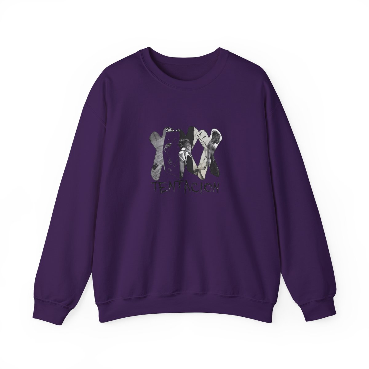 White crew neck sweatshirt with a graphic design. The design features the letters "XXX" in a stylized font, with black and white images inside the letters. Below the letters is the word "TENTACION" in...